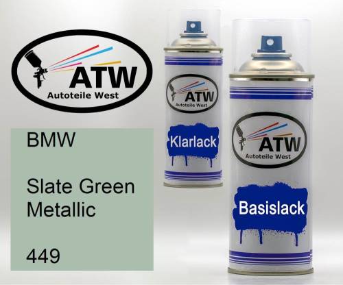 BMW, Slate Green Metallic, 449: 400ml Sprühdose + 400ml Klarlack - Set, von ATW Autoteile West.